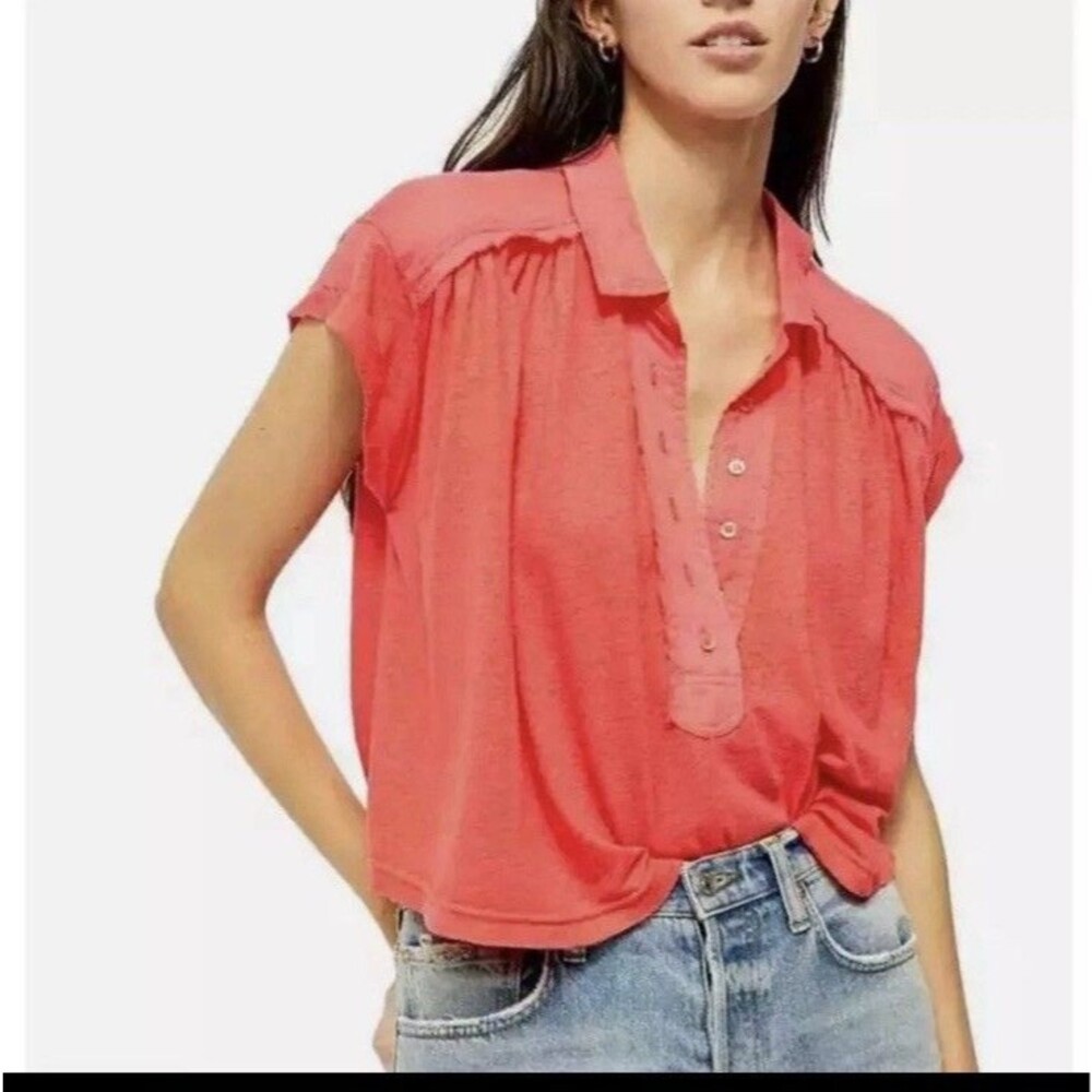 Free People Boho Low Down Popover Swing Top Linen Viscose Blend Coral Size Small